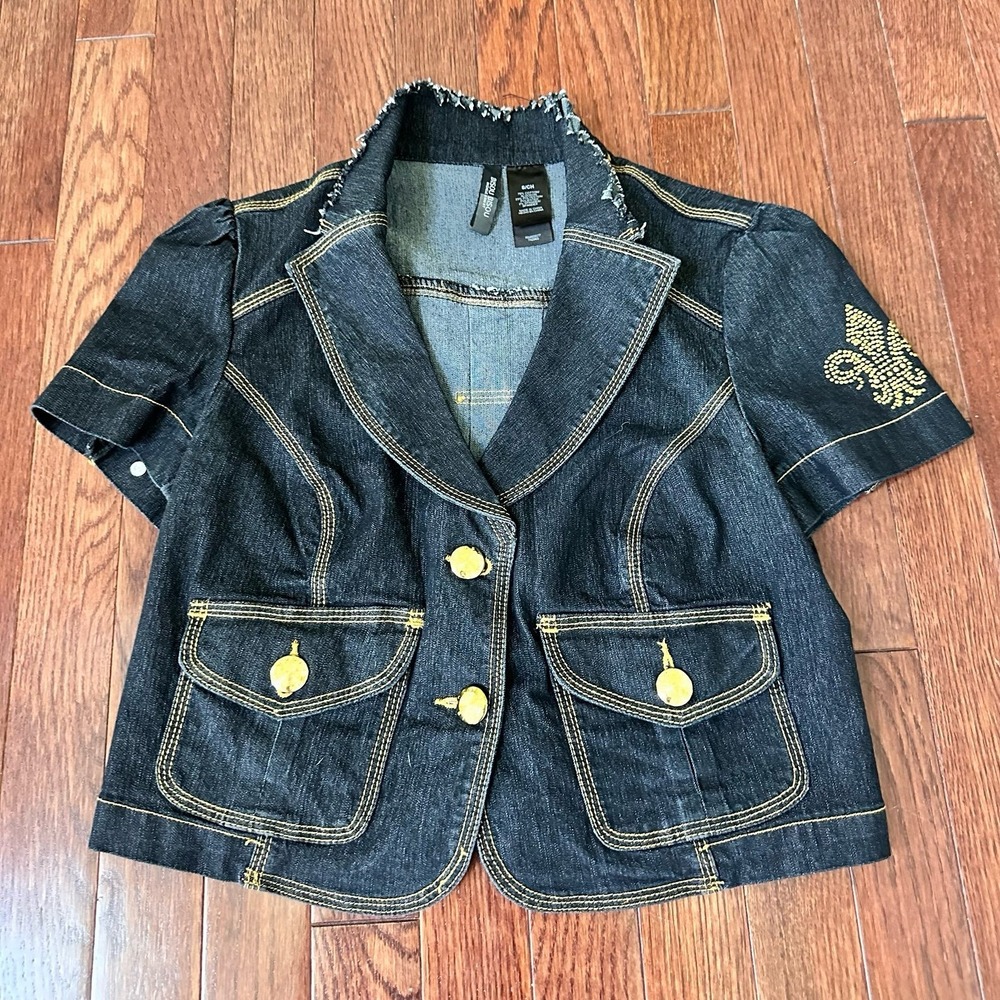 BISOU BISOU Dark Denim Gold Hardware Button Up Cropped Sexy Top Jacket Small